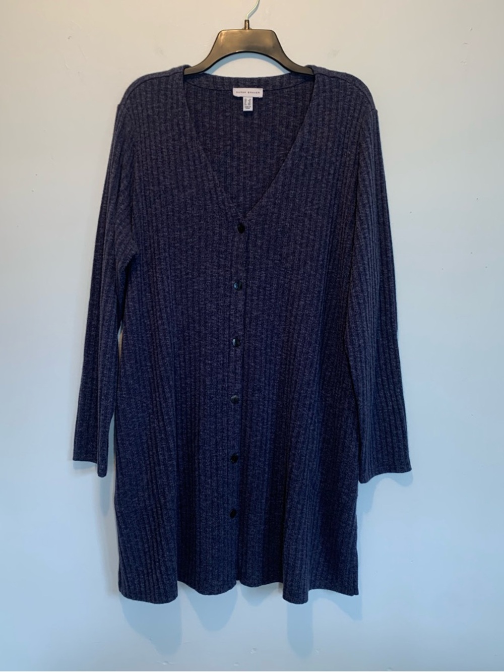 Susan Graver Blue Ribbed Knit Duster Cardigan with Pockets 1X